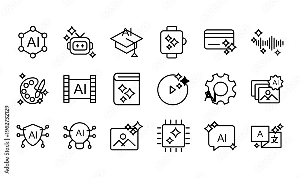 Fototapeta premium Artificial intelligence line icon set featuring AI technology, machine learning, automation, and digital innovation concepts in outline style