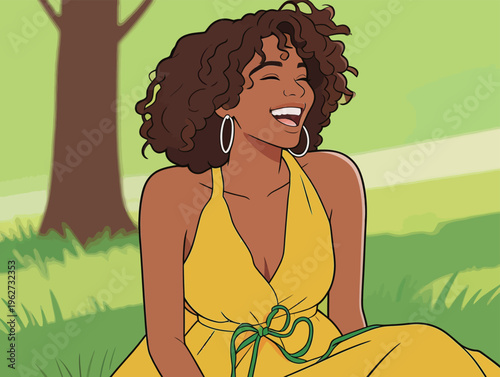 Woman laughs while sitting in a grassy area with a tree nearby during a bright day in spring or summer