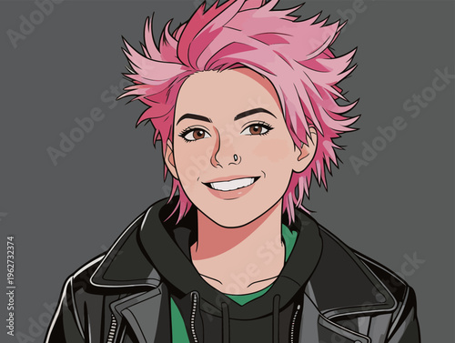 Young person with pink hair smiles while wearing a black leather jacket and hoodie against a gray background