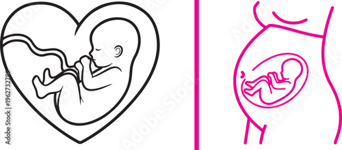Minimalist vector art set featuring a fetus inside a heart frame and a silhouette of a pregnant woman. Includes bold black line work and a vibrant pink outline version.