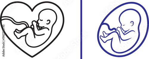 Two minimalist vector icons of a fetus: one nestled inside a heart-shaped womb with bold black outlines, and another within a blue oval, symbolizing prenatal development and maternal love.