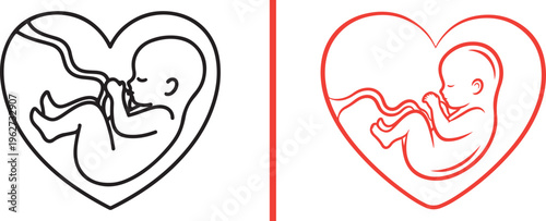 Minimalist line art vector featuring a fetus nestled within a heart shape, symbolizing prenatal love. Presented in a bold black outline and a vibrant red-orange sketched style.
