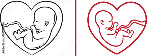 Two minimalist vector icons of a fetus within a heart-shaped womb. One features clean black outlines, while the other uses a bold red design to symbolize love, life, and prenatal development.