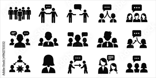 Collection of black silhouettes representing people in various communication and teamwork scenarios