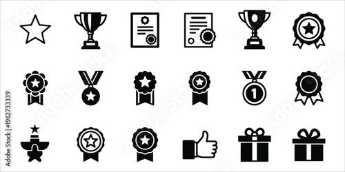 Collection of achievement and award icons in black and white