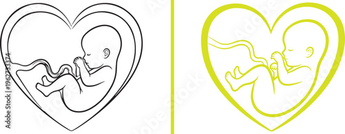 Two minimalist vector icons of a fetus within a heart-shaped womb. One features thin grey-black lines, while the other uses a vibrant lime-green outline to signify prenatal life and wellness.