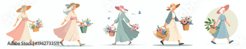 Vector of a happy grandmother walking carrying a basket of flowers during spring