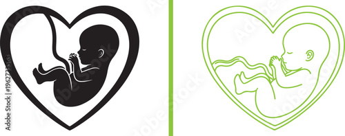 Two stylized vector icons of a fetus within a heart. The left features a bold black silhouette, while the right uses lime green outlines to represent prenatal health, growth, and maternal love.