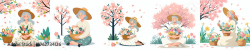 Vector grandma sitting after harvesting flowers in spring