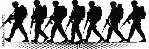 Military Soldiers Silhouette Set Walking in Line with Rifles and Gear for Army Combat Mission and Defense Concept Flat Vector Illustration