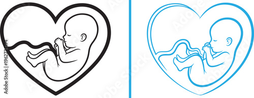 Two minimalist vector icons of a fetus within a heart-shaped womb. The left version features bold black outlines, while the right uses bright blue lines to represent prenatal life and love.