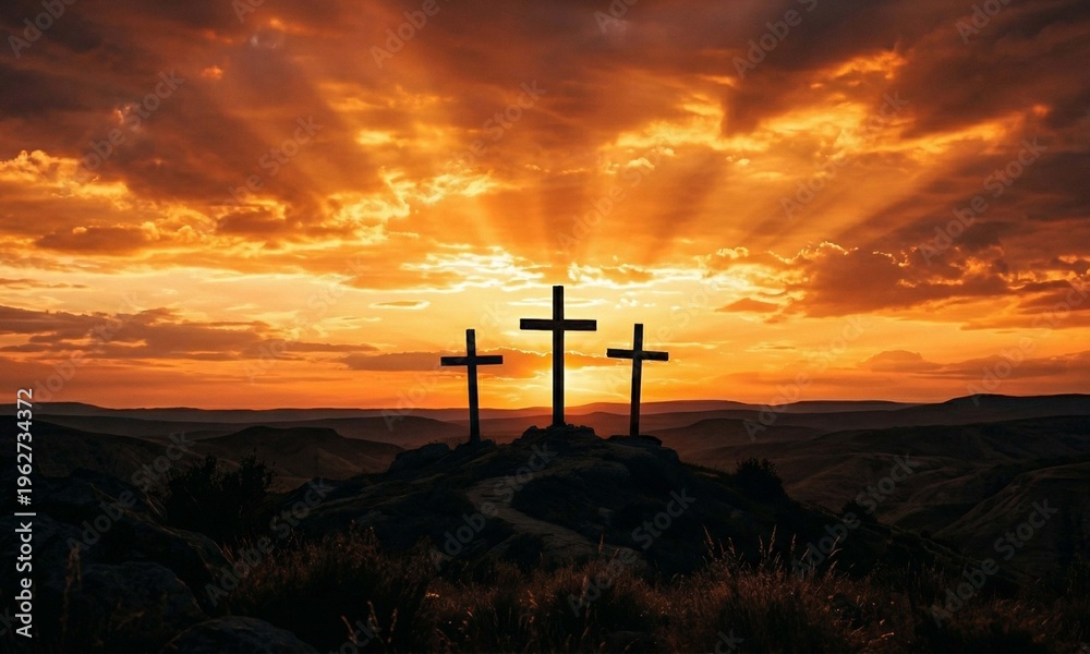 Obraz premium Three Crosses Hill Christian Easter Sunset