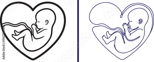 Minimalist vector icons depicting a fetus nestled inside a heart shape, symbolizing prenatal love and development. Includes both bold black and fine blue line art styles.