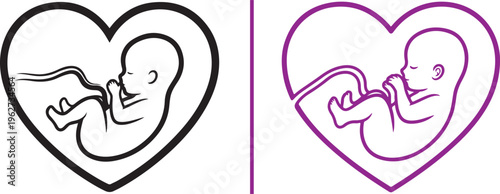 Heart-shaped vector icons featuring a fetus with an umbilical cord, symbolizing love, life, and prenatal development in both black and purple minimalist line art styles.