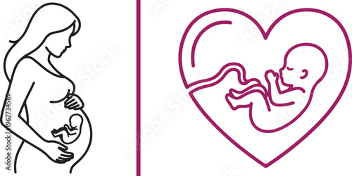 Bold magenta line art featuring a side view of a pregnant woman and a detailed fetus inside a heart. This vector illustrates the bond of motherhood and prenatal development with clean strokes.