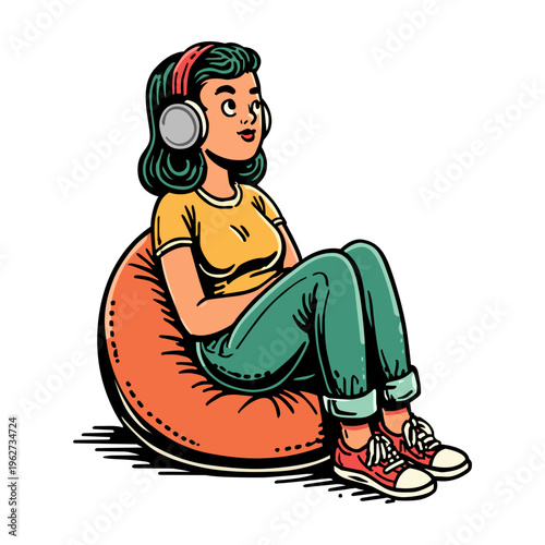 Young woman in headphones and casual clothes sits on an orange beanbag chair listening to music