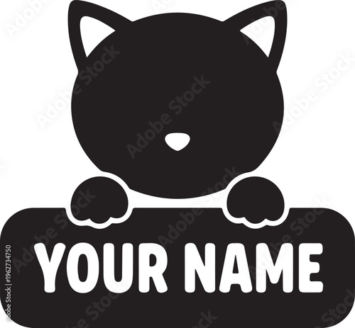 Kitty Peeking Over Nameplate Silhouette Cute Cat Sign Vector Illustration