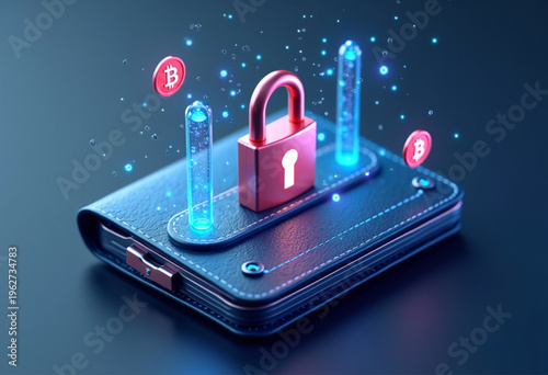 3D Digital Crypto Wallet Icon with Security Padlock and Blockchain Coin Symbols