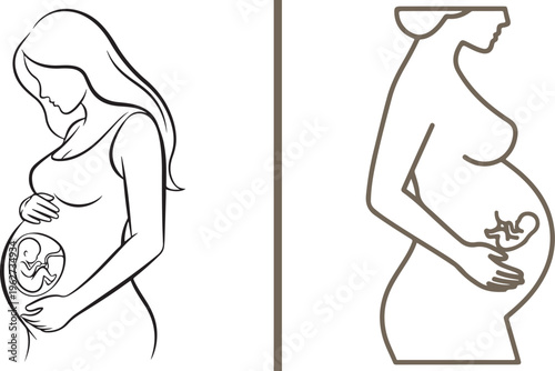 Minimalist line art vector featuring two side-by-side silhouettes of pregnant women, highlighting the maternal bond and fetal development in the womb.