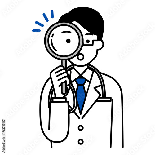 虫眼鏡を覗く医師の男性