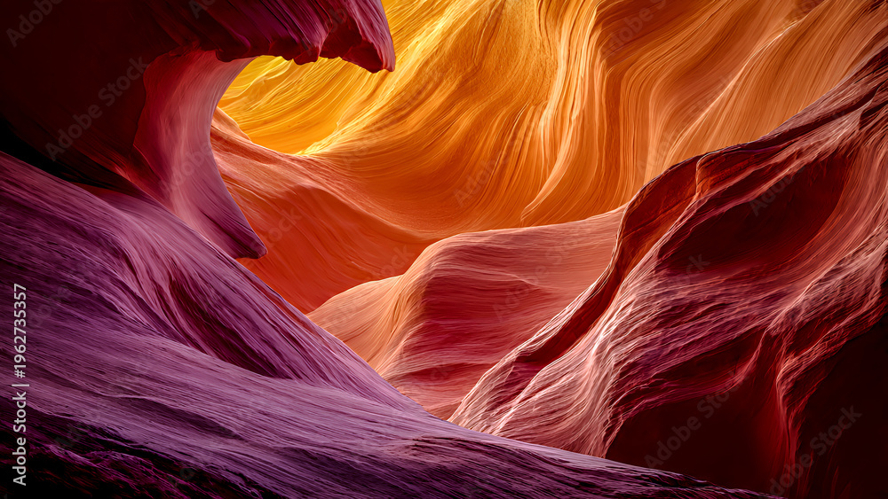 Obraz premium A view of Antelope Canyon, Arizona—featuring majestic, flowing sandstone walls in rich gradients of red, orange, and pink. The narrow canyon is illuminated by soft sunlight.