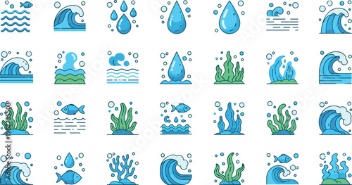 Water and ocean element icon vector set with waves droplets seaweed bubbles and aquatic nature symbols collection