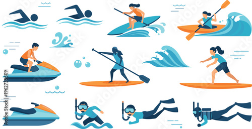 Water sports activity vector set with surfing swimming diving snorkeling jet ski paddleboarding and ocean waves illustration