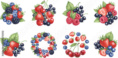 Hand-drawn berry vector collection with strawberries, blueberries, raspberries, cherries, and blackcurrants, perfect for fruit illustrations,