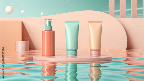 Three pastel colored skincare products on a floating platform in a pool with reflections pastel colors