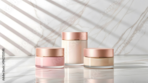 Three pastel skincare jars with copper lids on a marble surface with light and shadow patterns pastel colors