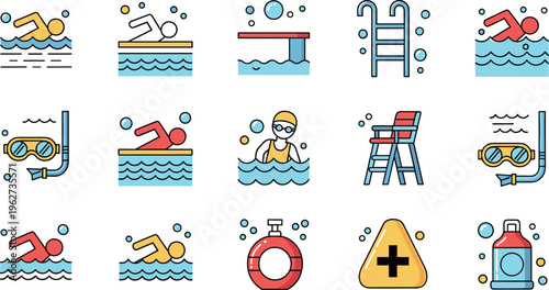 Swimming pool activity vector set with swimmer diving goggles lifeguard ladder float safety icons collection