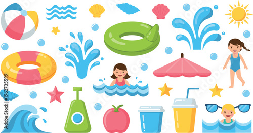 Summer beach and swimming elements vector set with pool floats waves sun umbrella kids and water fun illustration