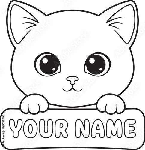 Kitty Peeking Over Nameplate Outline Silhouette Cute Cat Line Art Vector