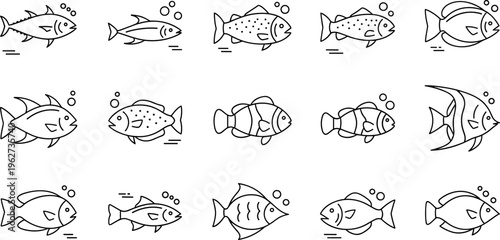 Fish line icon vector set with various ocean species simple aquatic animals outline collection