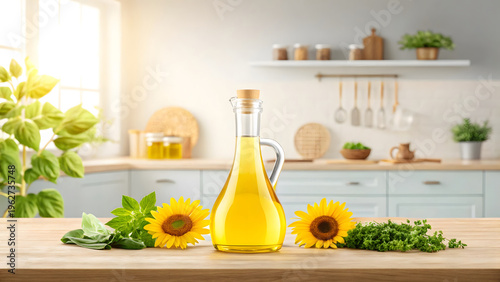 Transparent bottle of yellow oil on wooden table with sunflowers and herbs in a bright kitchen