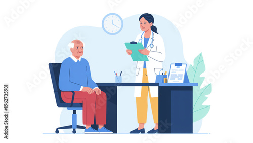 Elderly Senior Patient Having Medical Consultation with Female Doctor in Hospital Office for Healthcare Checkup and Geriatric Care Flat Vector Illustration