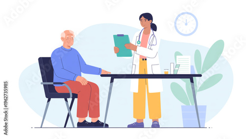 Elderly Senior Patient Having Medical Consultation with Female Doctor in Hospital Office for Healthcare Checkup and Geriatric Care Flat Vector Illustration