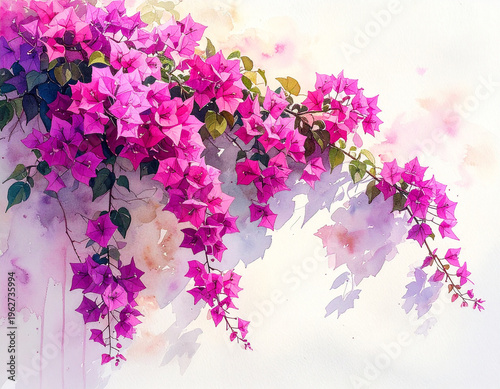 Vibrant pink bougainvillea blossoms cascade gracefully down a bright white wall, bathed in sunlight and rendered with a soft, artistic watercolor touch