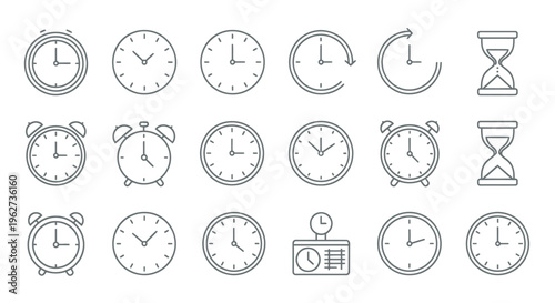 Collection of clocks and timekeeping icons in grayscale visuals.