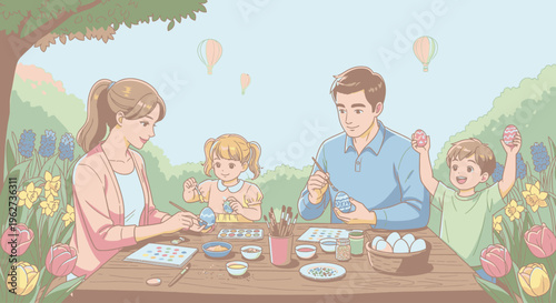 A family of four are decorating Easter eggs at a table outdoors in a field with flowers and trees under a blue sky with hot air balloons.