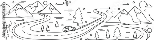 Minimal road trip landscape line art vector with mountains highway car airplane travel scenic illustration