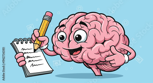 Brain Holding Pencil and Notebook.