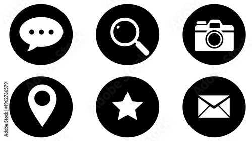 Flat black circular web icons set with white symbols for communication, search, photography, location, favorite, and email.