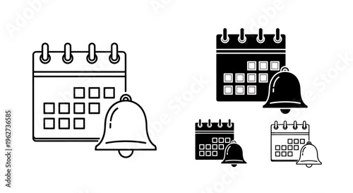 Collection of calendar icons and reminder bell symbols for scheduling and planning graphics.