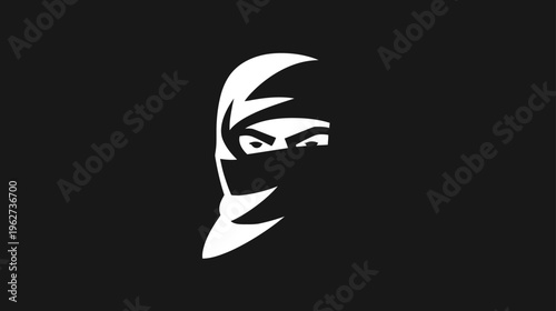Stylized Ninja Warrior Face Icon: Masked Character with Intense Eyes, Minimalist Graphic for Stealth and Security