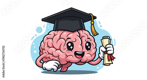 Brain wearing graduation cap smiling.