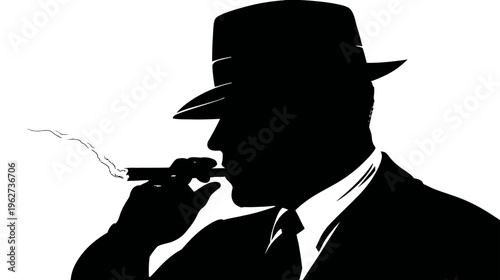 Black and white profile silhouette of a man in a fedora hat smoking a cigar, vintage noir style illustration.