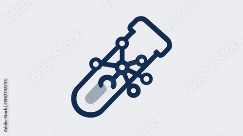 Scientific research and development icon featuring a test tube with molecular structure. Chemical experiment and analysis symbol.