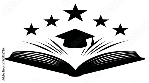 Academic excellence icon with open book, graduation cap, and five stars. Symbol of knowledge, learning, and educational success.