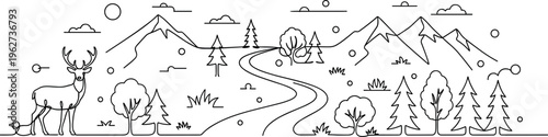 Minimal mountain landscape line art vector with deer forest trees river scenic nature outline illustration